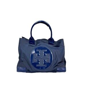 Tory Burch Navy Nylon Ella Tote Patent Logo Large Travel Work Bag Blue Travel